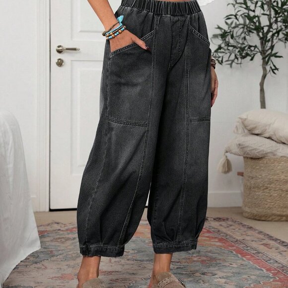 Black Casual Women's Pocket Tapered Loose Jeans - Picture 6 of 6